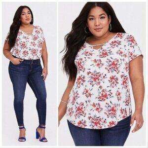 ✨2/$20 Torrid Floral Georgette Keyhole Lightweight Semi-Sheer Blouse Red Wht Top